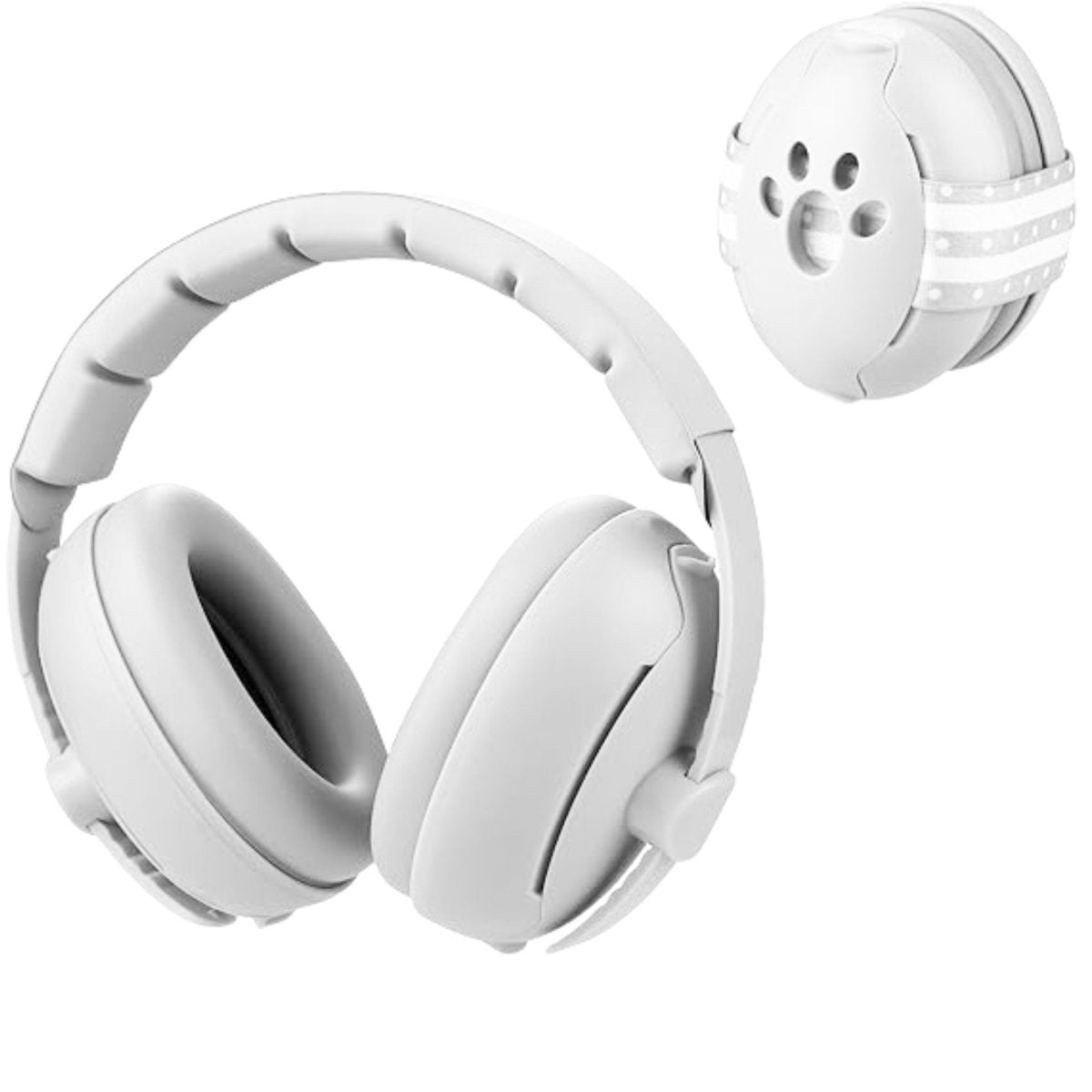 Vue de face du casque anti bruit bébé blanc avec contours doux et structure souple