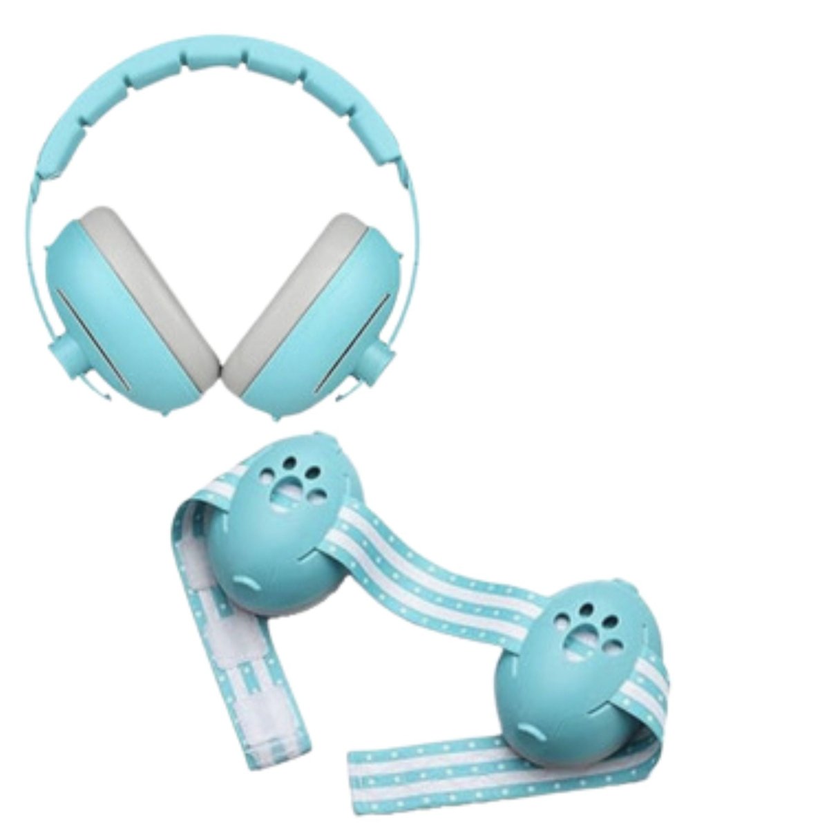 Casque anti bruit pour bebe bleu avec coques en patte et bande bleue à pois attachée pour le maintien.