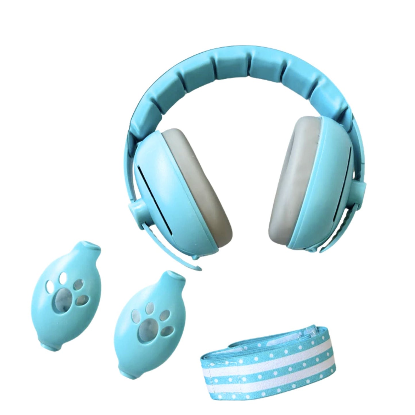 Casque anti bruit pour bebe avec arceau rembourré, coques bleues et bande ajustable à pois.