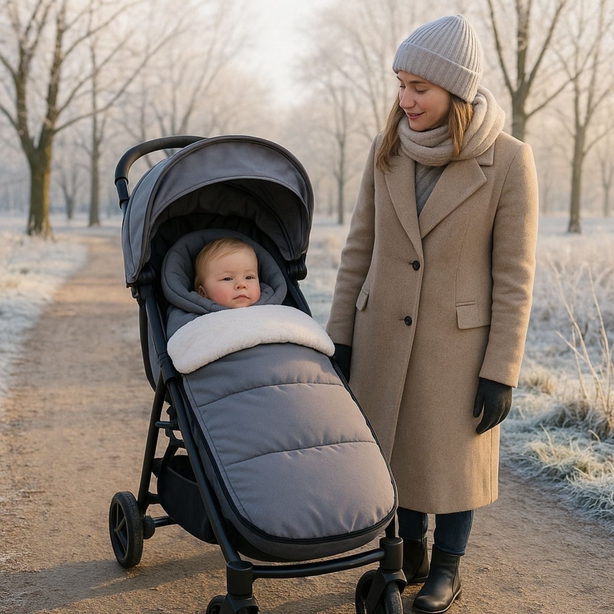 Chanceliere bebe grise bien fermée sur bébé pendant promenade froide