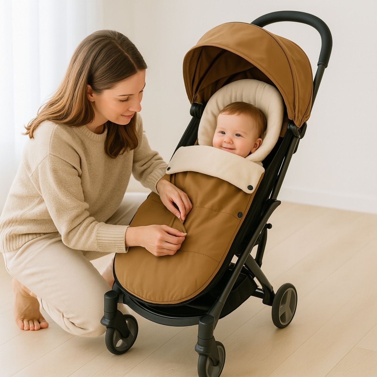 maman fermant le zip d’une chanceliere poussette toffee avec bebe installe confortablement a l’interieur d’une piece lumineuse