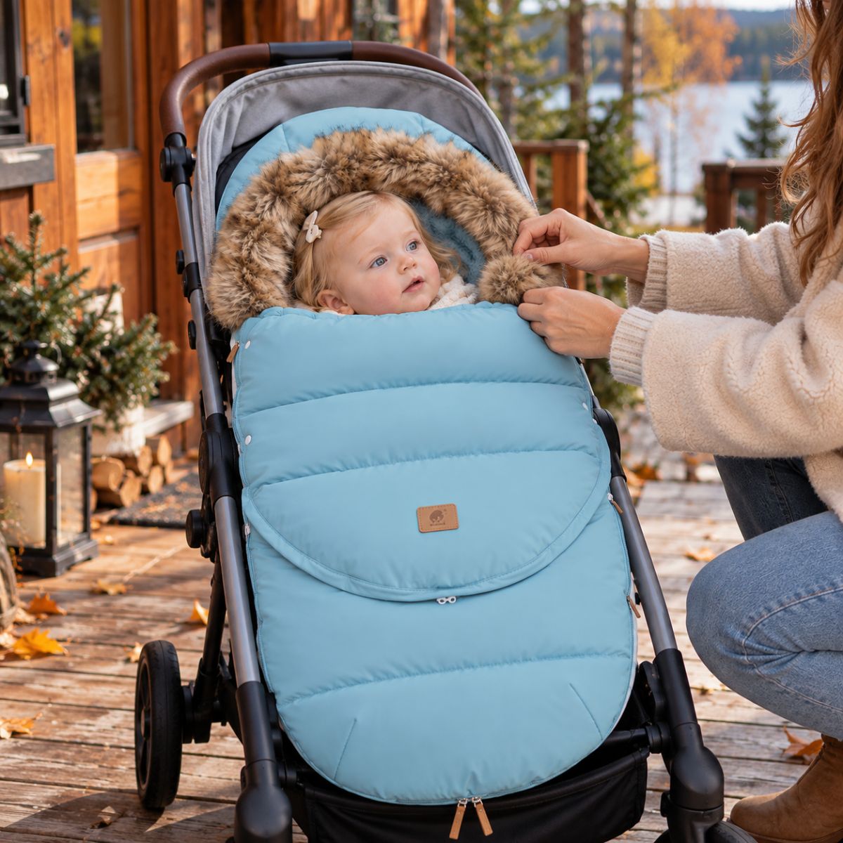 Chancelière poussette bleu clair avec col effet fourrure, bébé installé dans une poussette devant un chalet avec sa maman