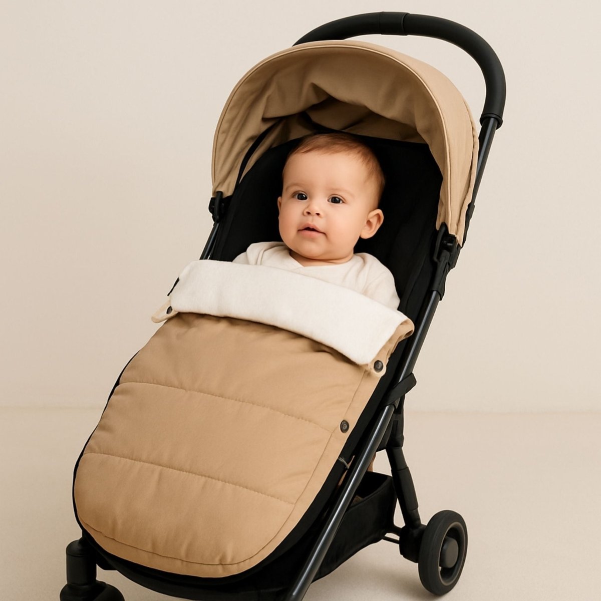 Chancelière poussette beige installée à l’intérieur, bébé assis confortablement