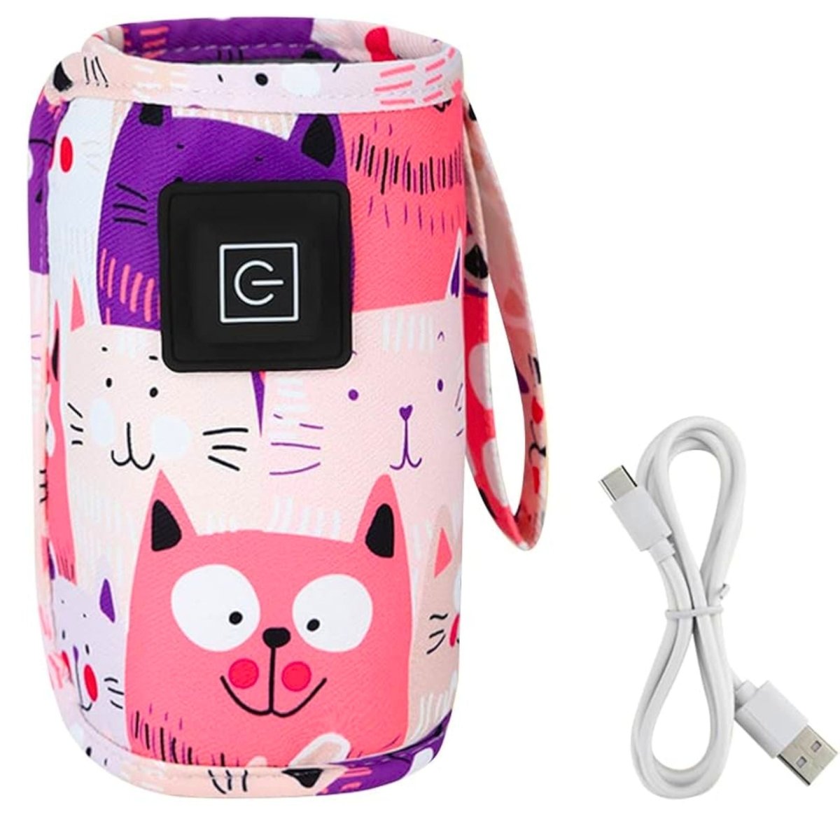 Chauffe biberon nomade rose motif chats avec câble USB