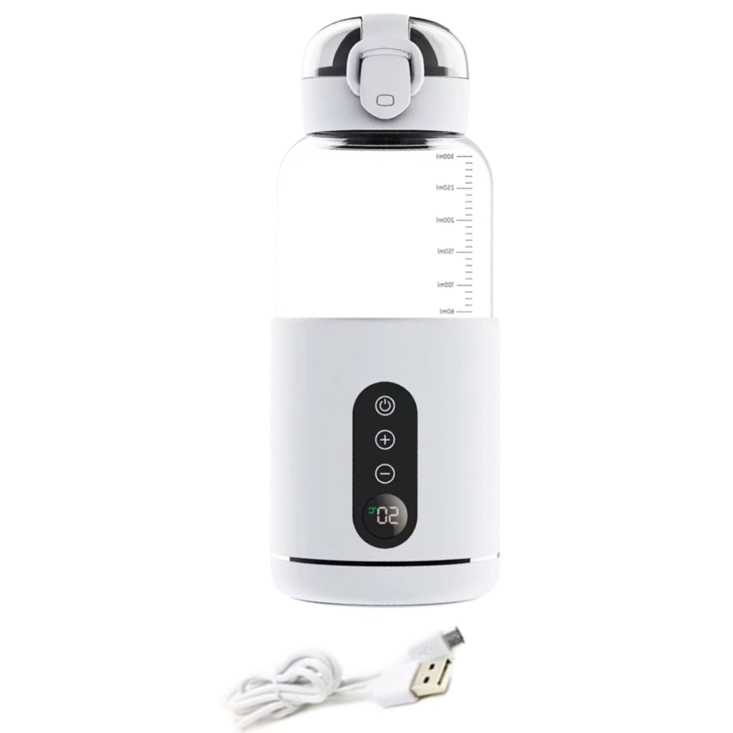 Chauffe biberon nomade blanc affichant 22°C avec câble USB détaché