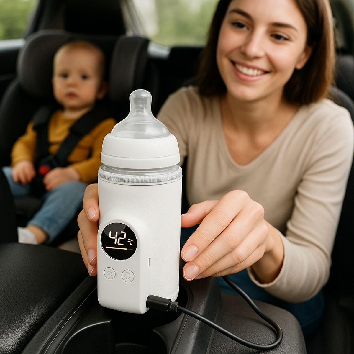 Chauffe biberon nomade blanc branché en USB dans une voiture avec bébé