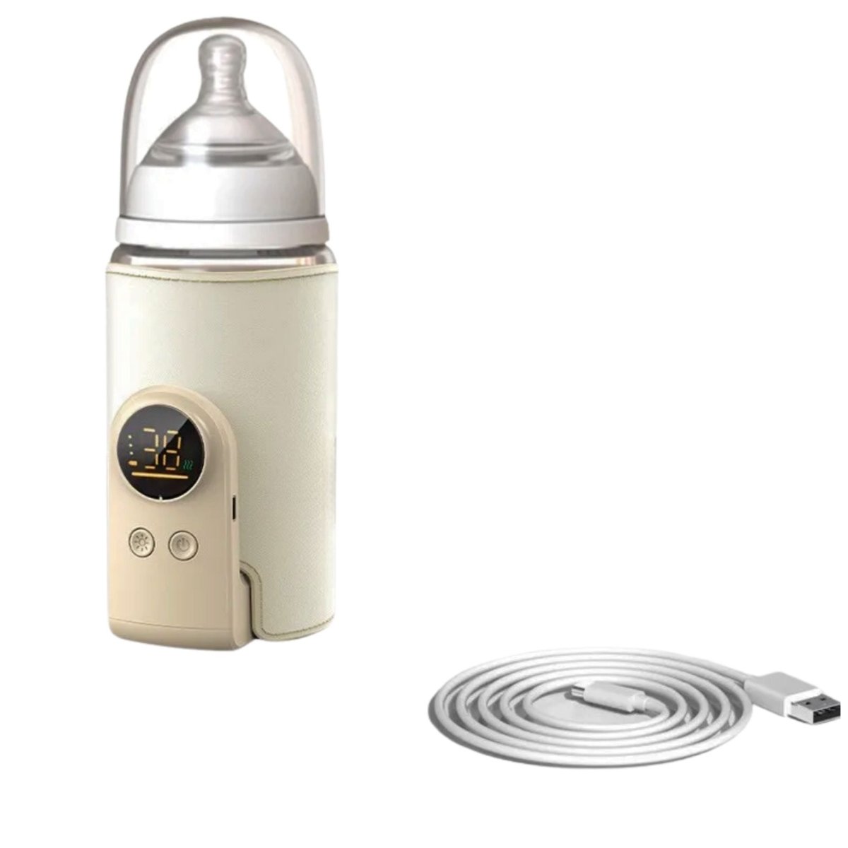 Chauffe biberon nomade beige avec écran LED et câble USB inclus, modèle 8000mAh