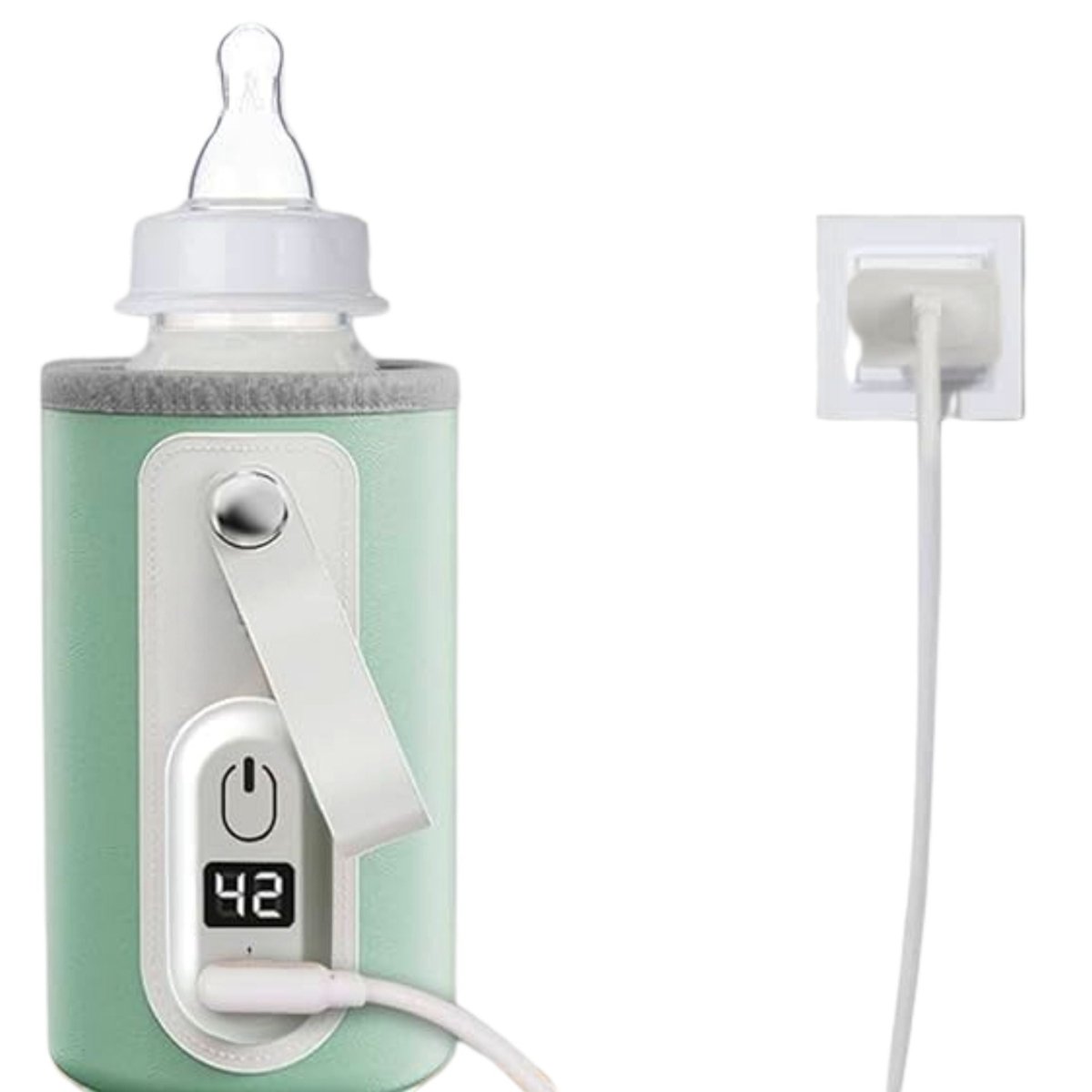 chauffe biberon vert menthe pale branché à une prise secteur avec température affichée à 42 degrés