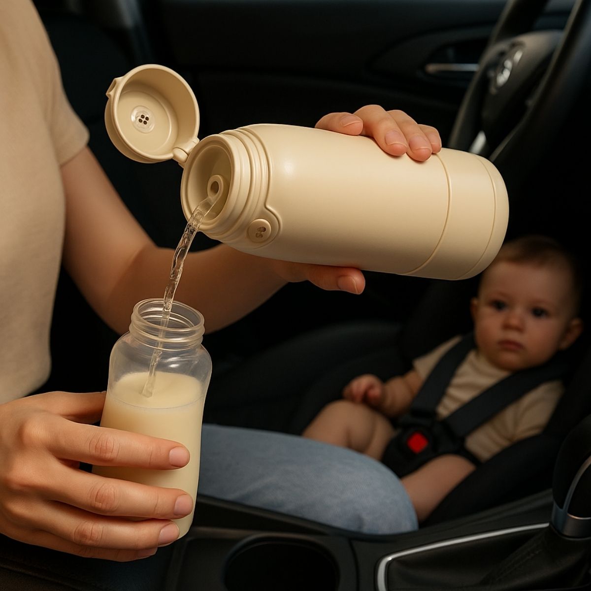 Chauffe biberon nomade versant de l’eau chaude dans un biberon en voiture
