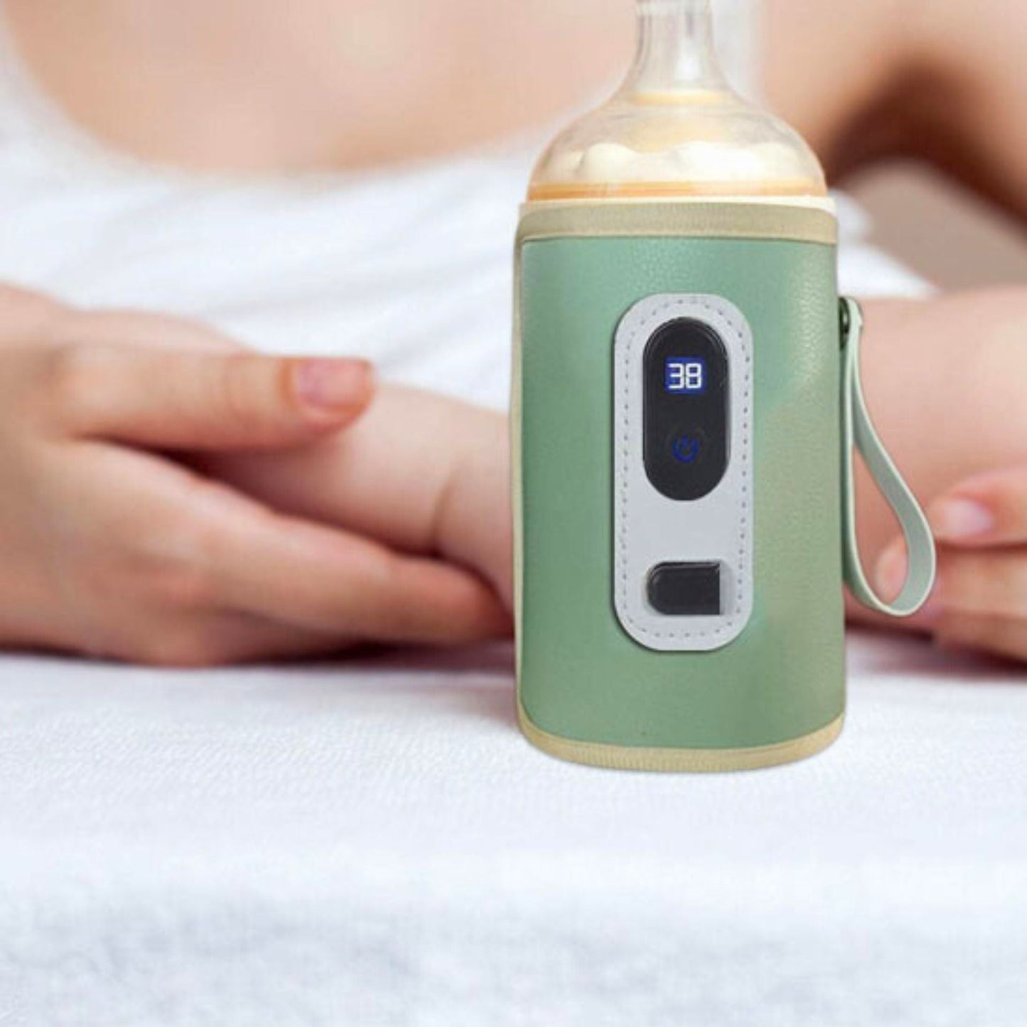Chauffe biberon portable vert posé sur une table à côté d’un bébé