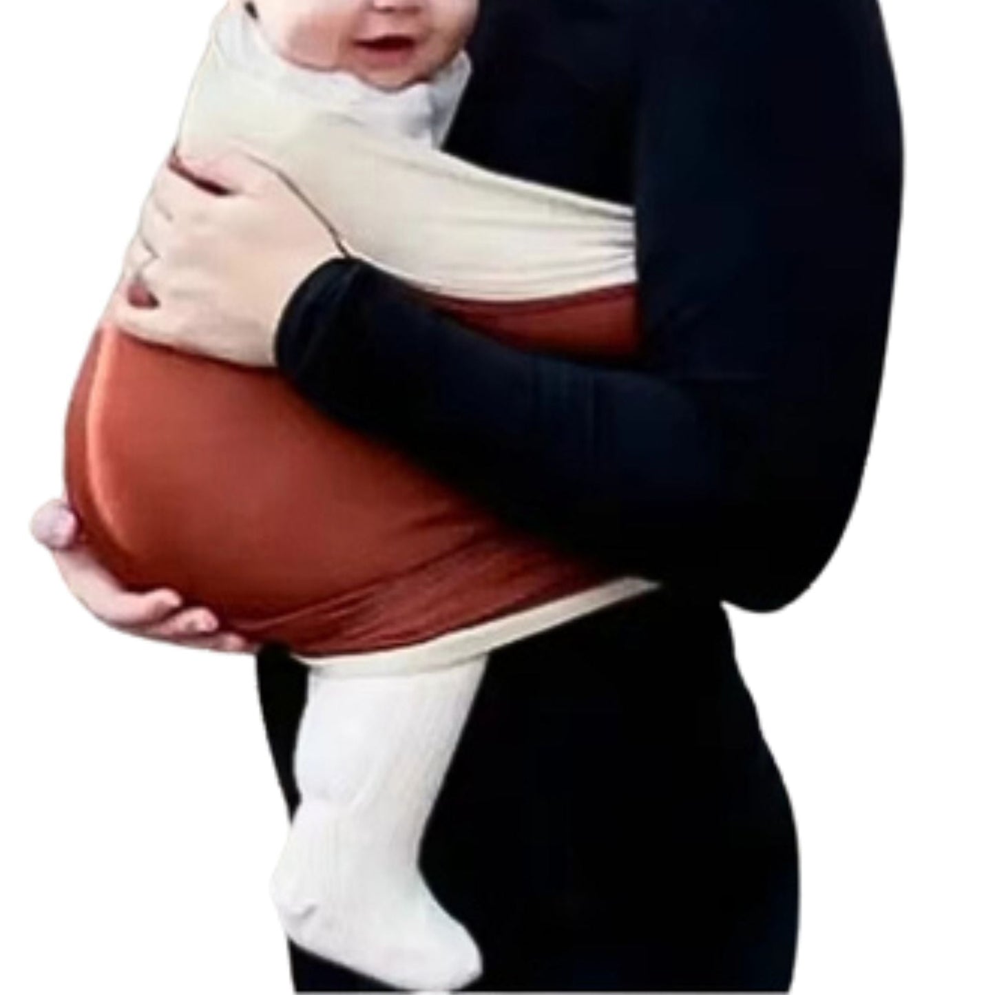 Echarpe de portage vue de face, bébé maintenu tête haute et jambes en M