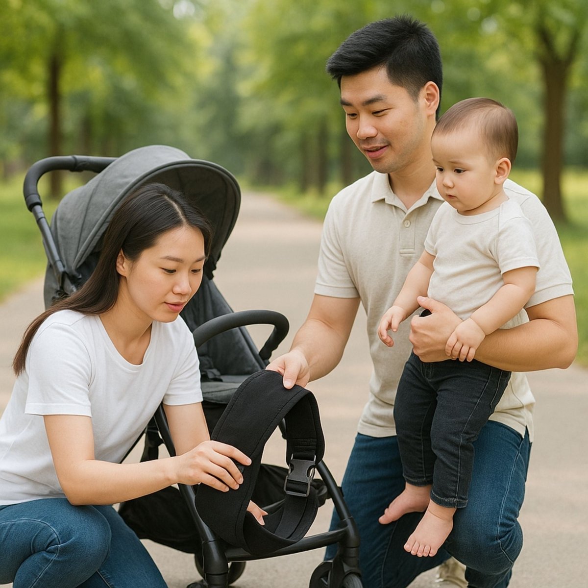 Parents en balade préparant une echarpe de portage noire près de la poussette