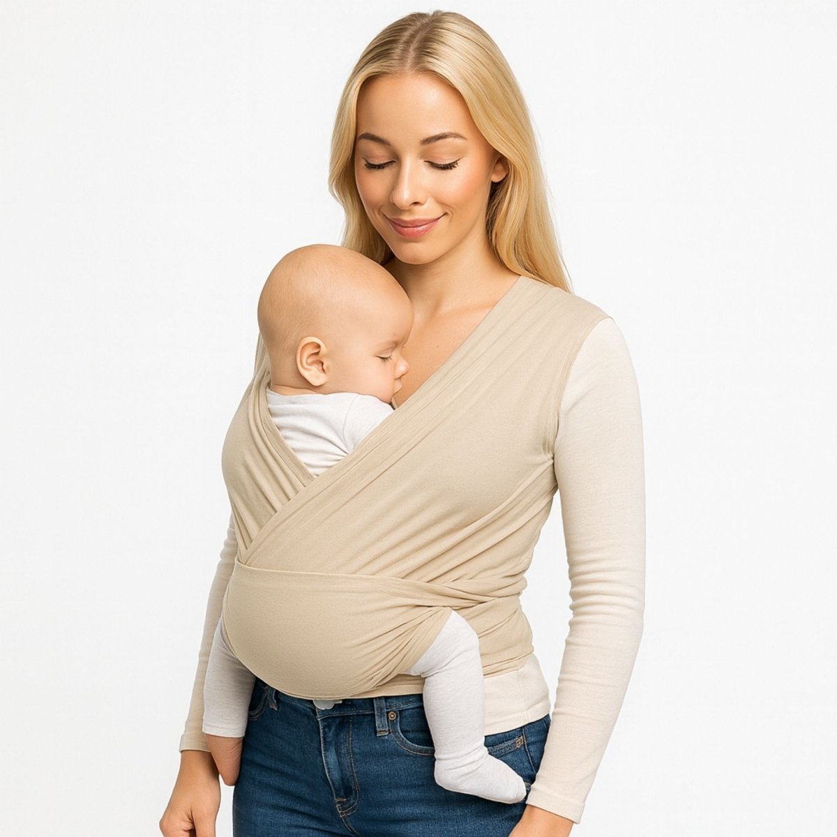 Maman tenant son bebe endormi contre elle dans une echarpe de portage beige