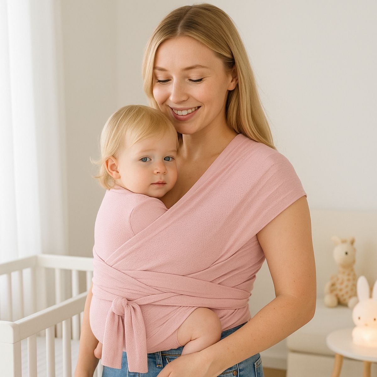 Echarpe de portage rose maman portant bebe dans la chambre