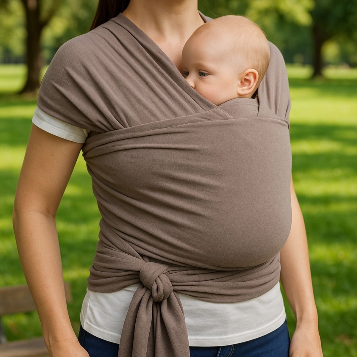 Écharpe de portage café portée par maman avec bébé en extérieur
