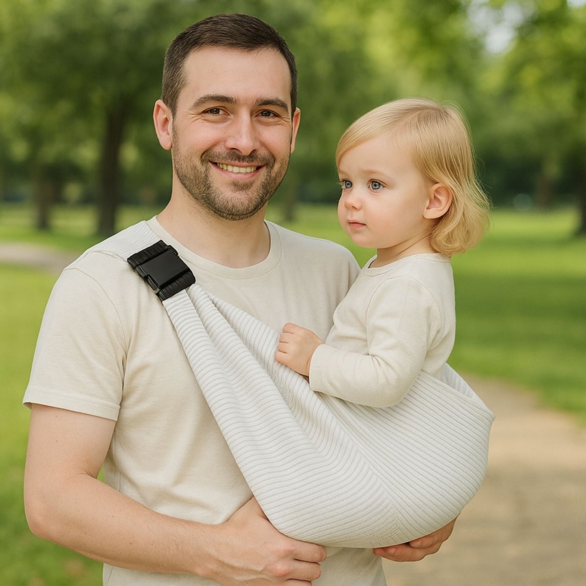 Papa portant une écharpe de portage rayée claire avec bébé blond en parc