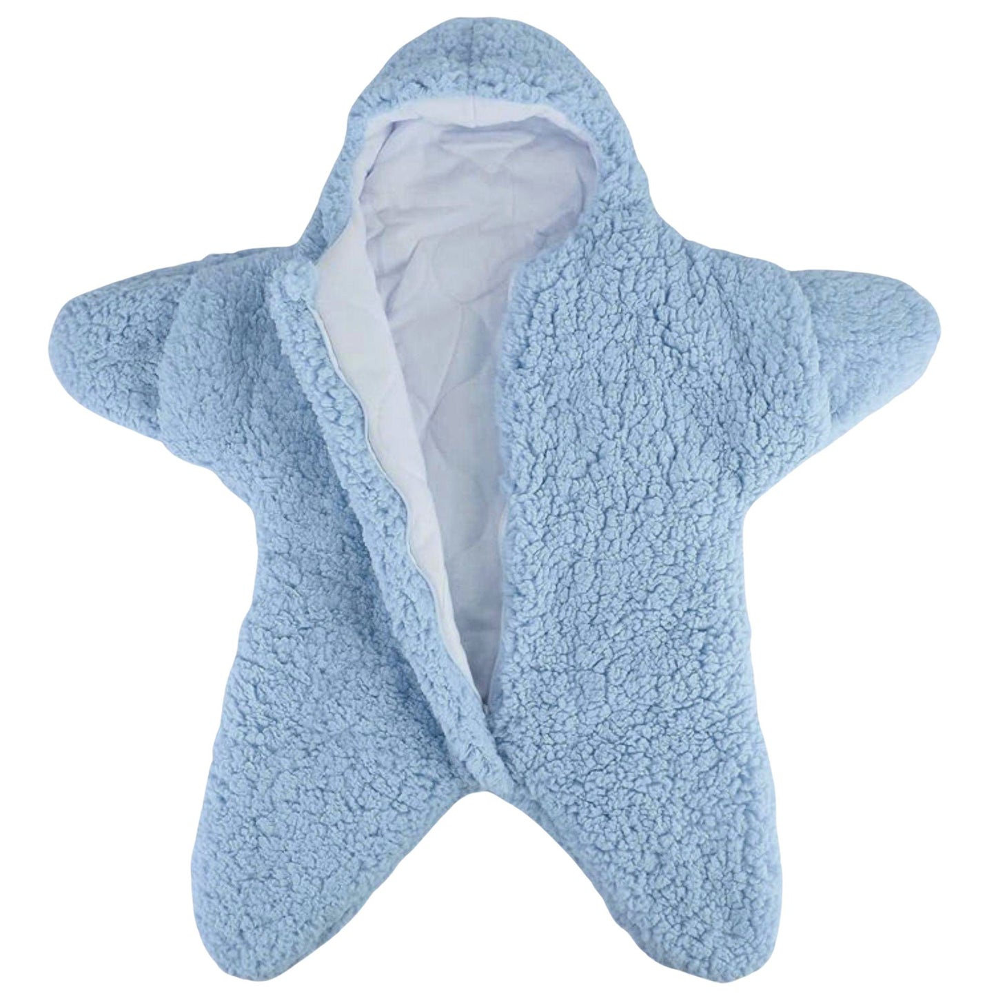 Nid d’ange bebe bleu présenté vide, capuche à oreilles visible en vue frontale