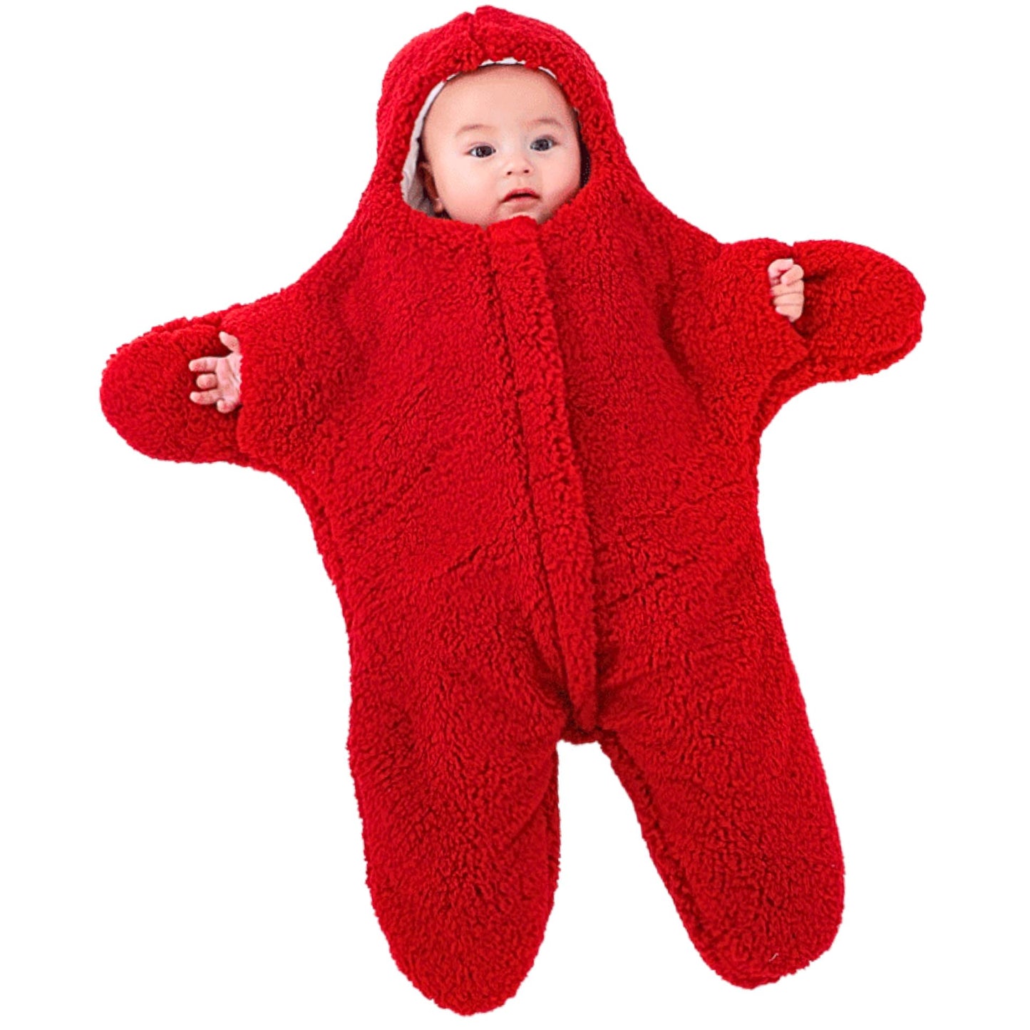 Nid d’ange rouge avec bébé installé seul à l’intérieur, bien enveloppé