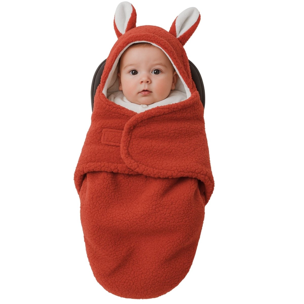 Bébé éveillé dans un nid d ange bebe en cachemire rouge avec capuche à oreilles, installé dans un cosy vu de face sur fond blanc