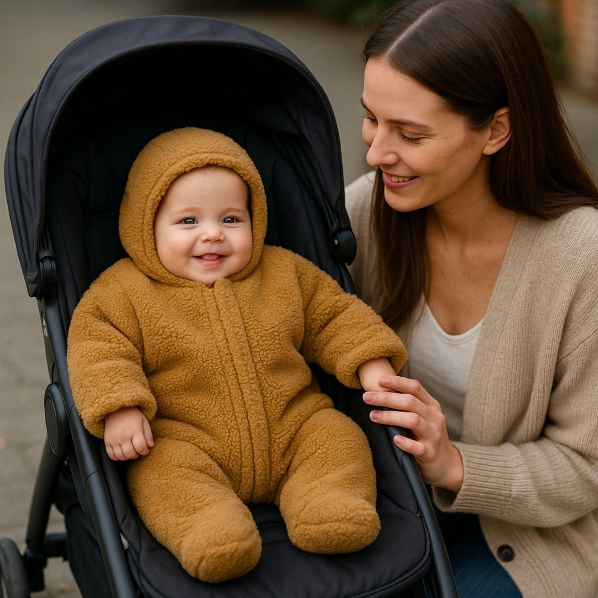 nid d’ange cosy camel en promenade, bébé confortablement installé dans sa poussette avec sa maman