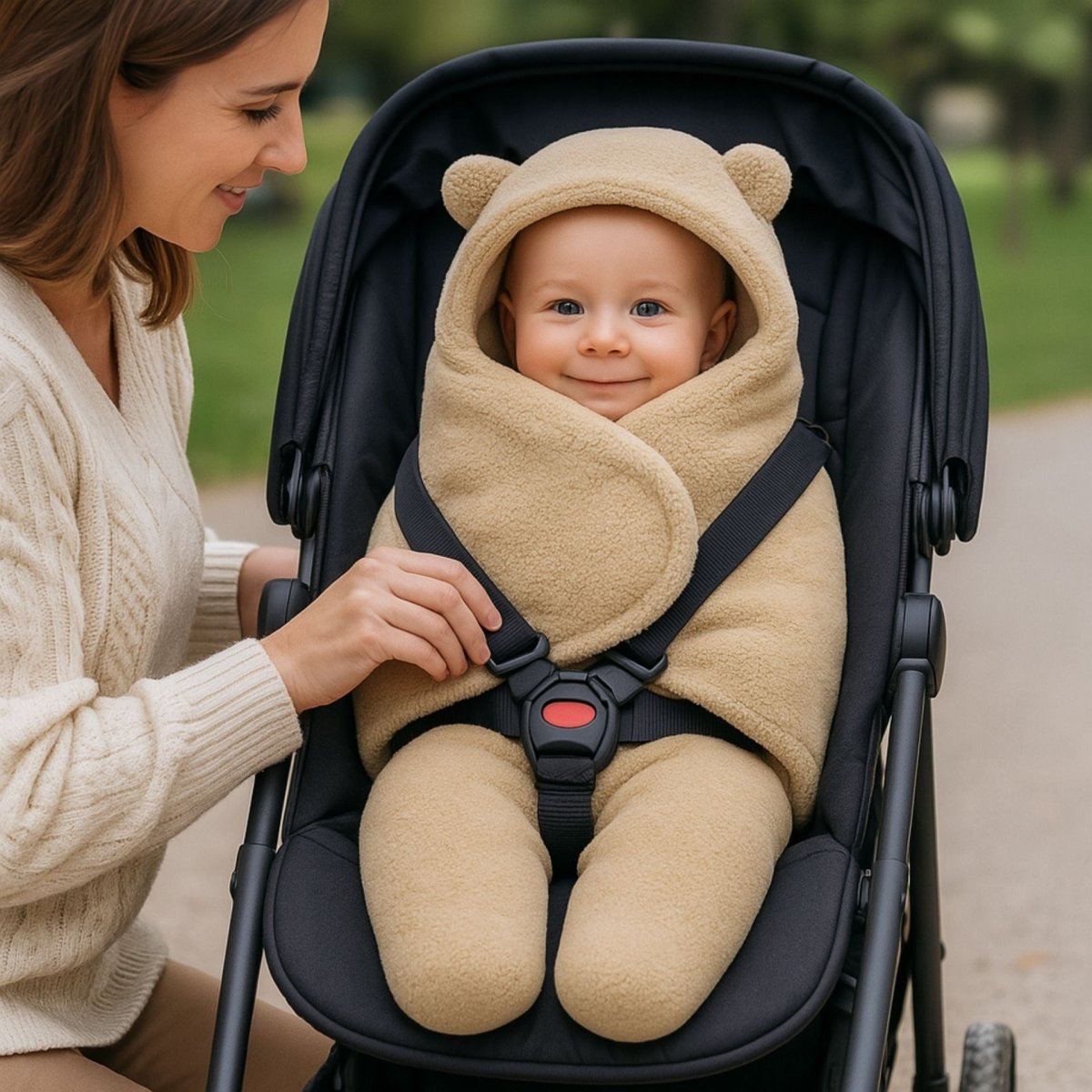 nid d’ange beige fermé dans une poussette, bébé attaché confortablement, capuche oreille et design visuel épuré