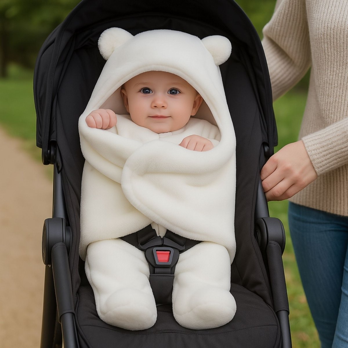 Nid d’ange blanc installé dans une poussette, bébé assis confortablement