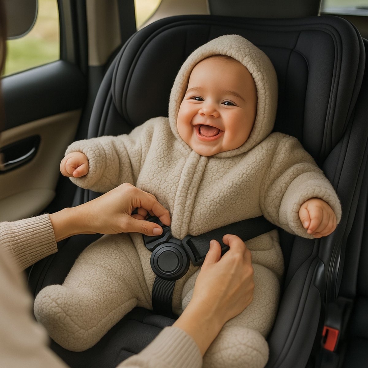 Parent attachant la ceinture d’un siège auto à un bébé souriant, enveloppé dans un nid d’ange bébé en coton matelassé beige