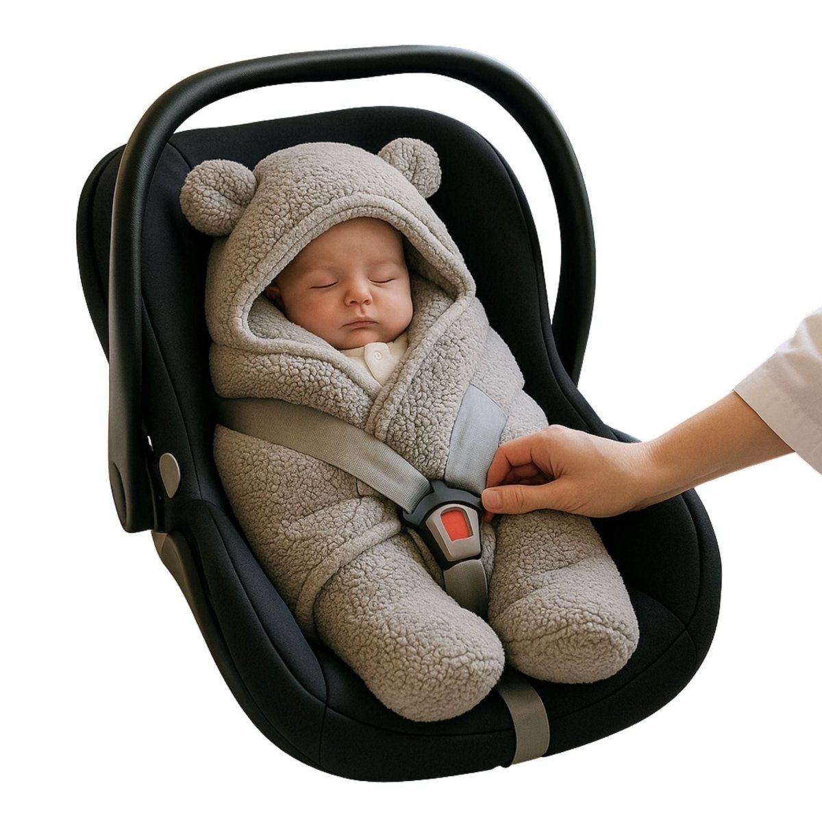 Bébé endormi dans un nid d’ange bebe gris, attaché en sécurité dans un siège-auto noir avec harnais
