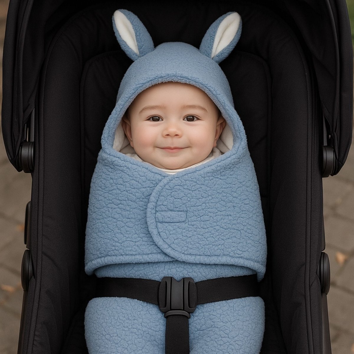 Nid d’ange cosy bleu avec oreilles lapin, bébé bien enveloppé dans poussette