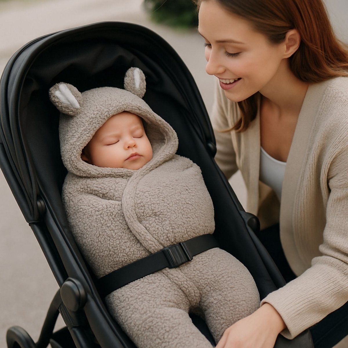 bébé apaisé dans un nid d’ange cosy gris, installé en poussette avec capuche oreilles