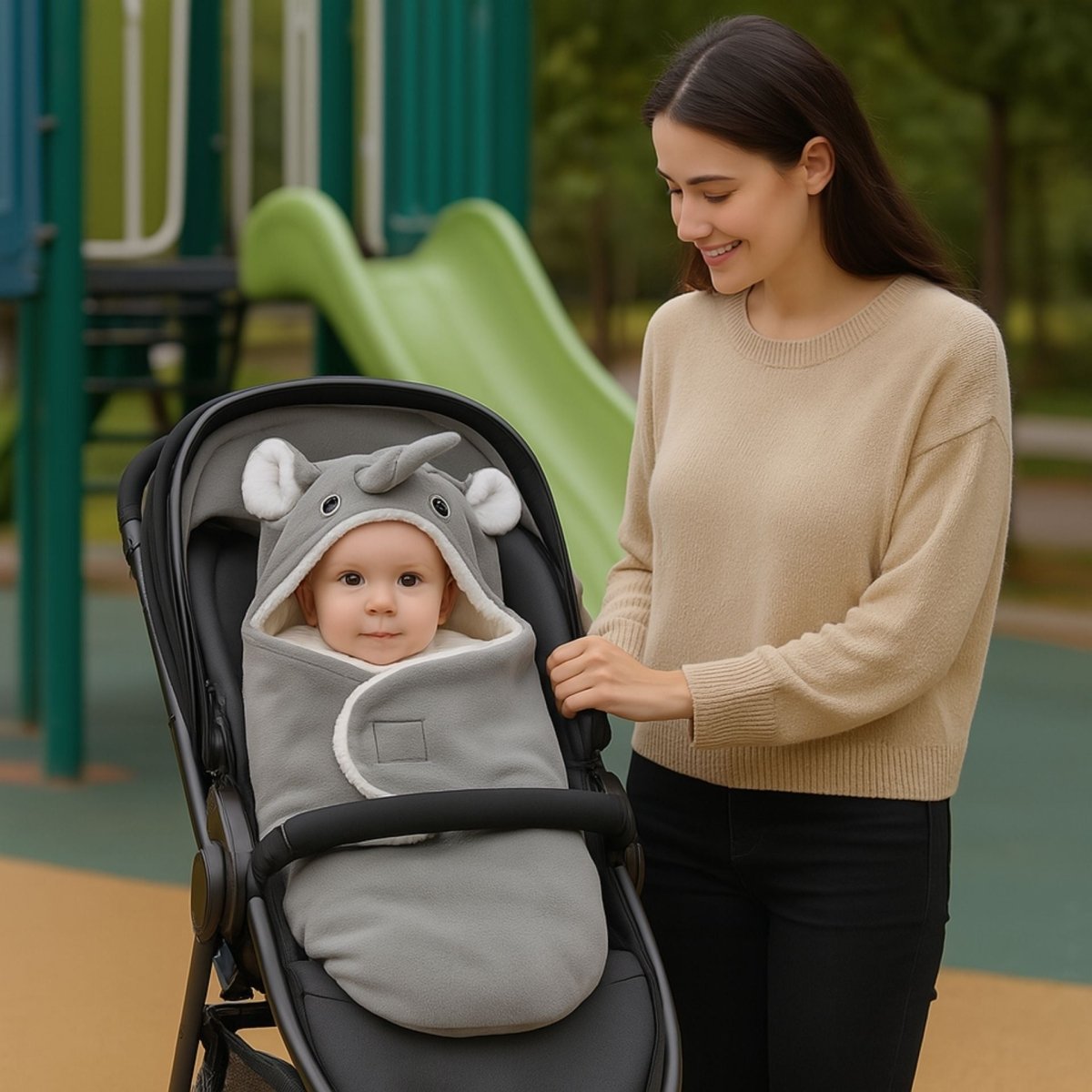 Nid d’ange gris moderne avec oreilles éléphant dans une poussette, bébé éveillé dehors