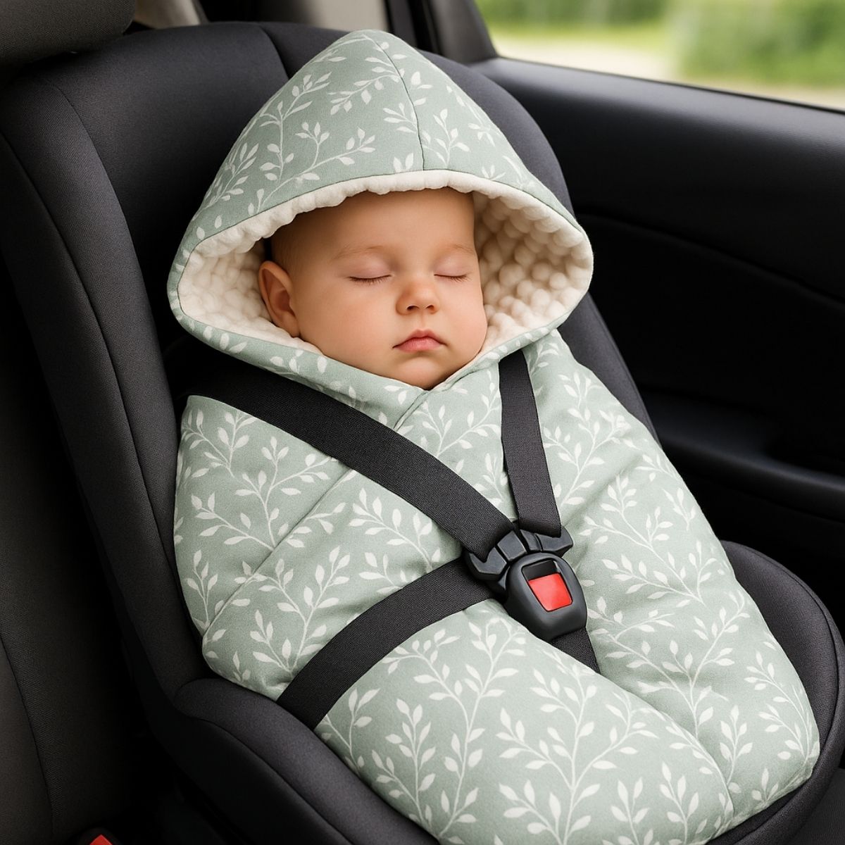 Nid d’ange leger herbe avec bébé endormi attaché en siège-auto