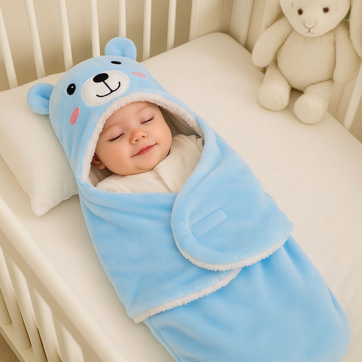 Bébé endormi dans un lit, bien enveloppé dans un nid d’ange bleu pour une ambiance rassurante et un repos apaisé