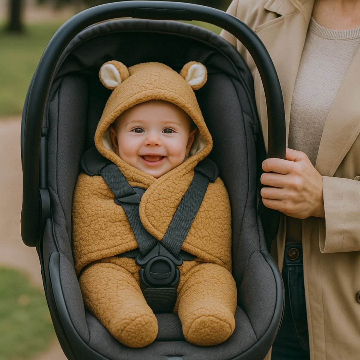 Nid d’ange siege auto marron porté à la main, bébé bien attaché et prêt à sortir