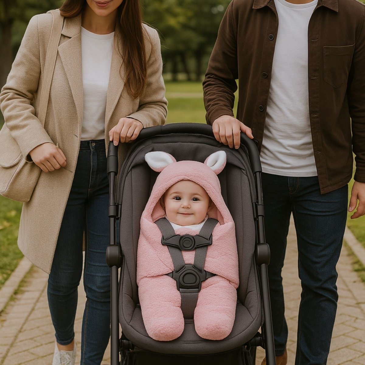 nid d’ange siege auto rose avec oreilles, bébé attaché en poussette