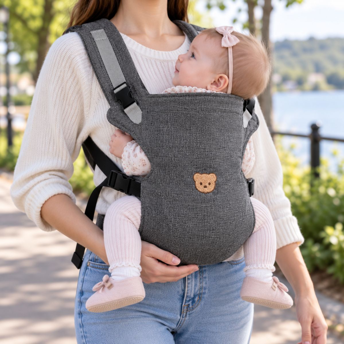 Porte-bébé à partie haute pliable gris foncé avec motif tête d’ourson, porté face au porteur près d’un lac