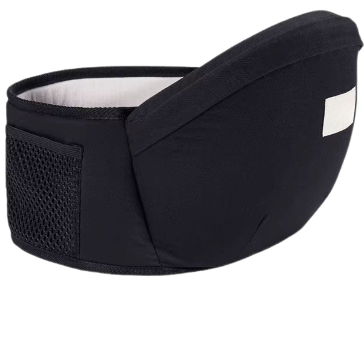 Porte bébé porté en latéral, design compact avec appui-tête souple visible