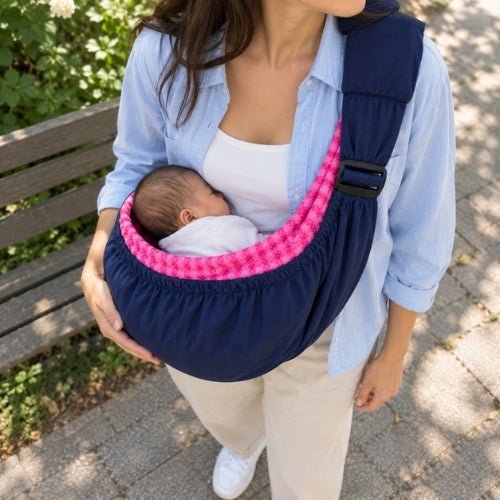 Porte bébé hamac bleu marine avec intérieur rose à carreaux et sangle réglable, présenté vide en intérieur