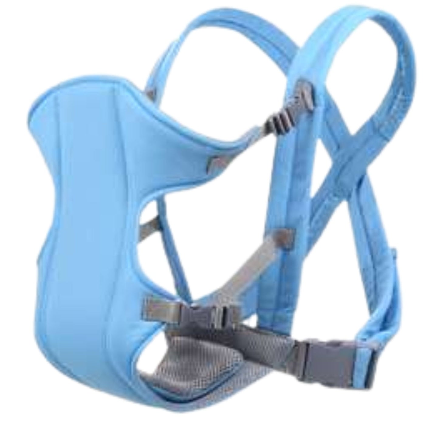 Porte bébé physiologique bleu clair avec vue de profil, mettant en avant son design ergonomique et sa structure adaptée au confort du portage.