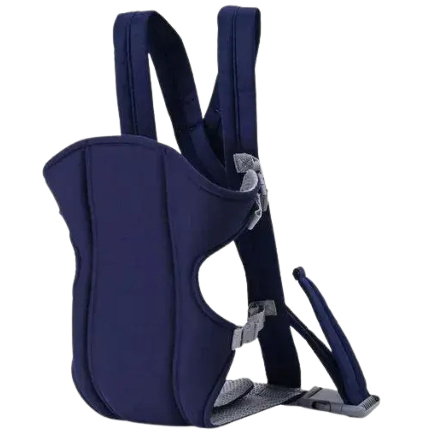 Porte bébé physiologique bleu avec vue de dos montrant les bretelles croisées et le soutien renforcé pour un portage sécurisé et confortable.