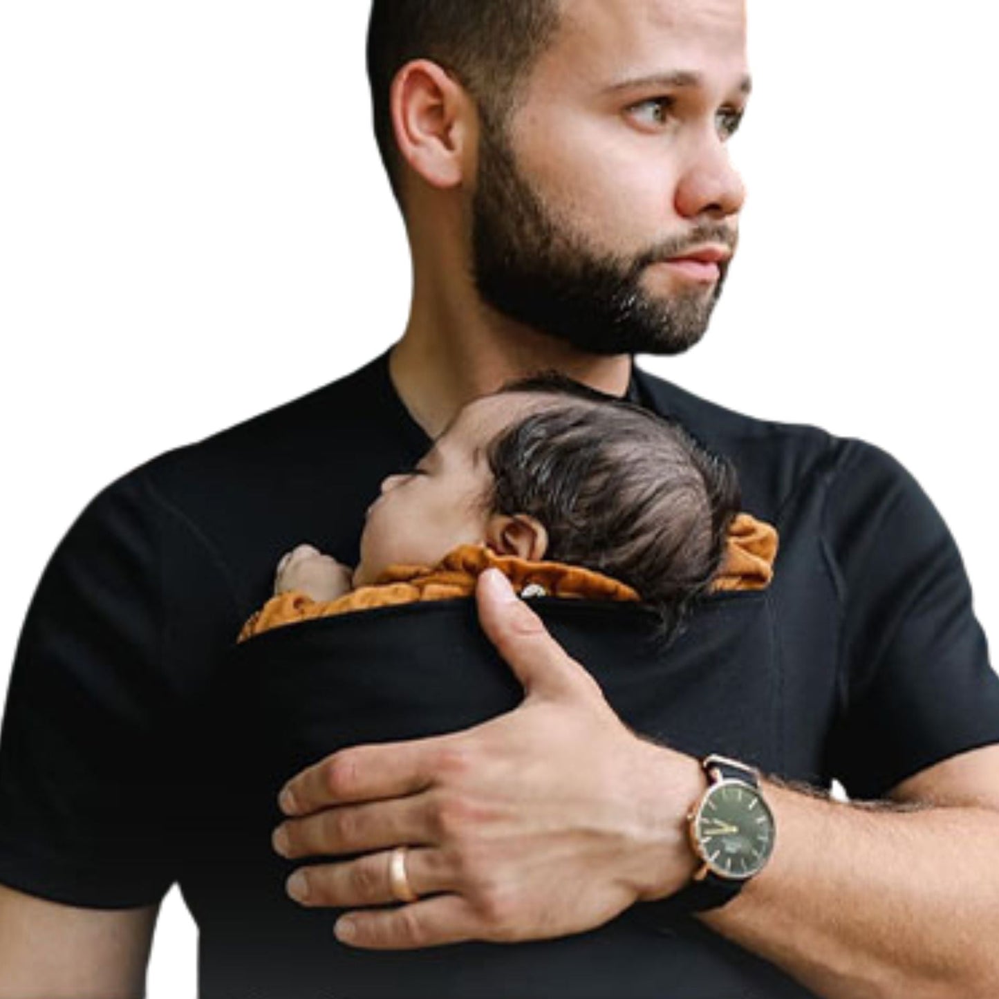 Porte bébé t-shirt avec bébé installé en frontal, tissu bien tendu pour un portage ergonomique