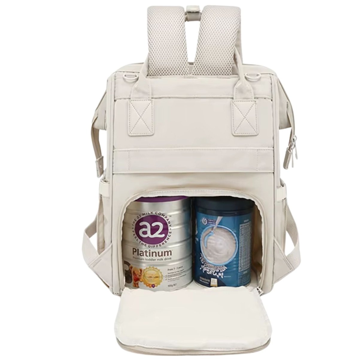 Sac à dos à langer beige avec grand compartiment arrière pour boîtes de lait