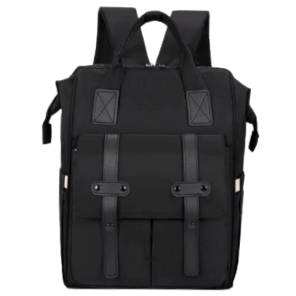 Sac à dos à langer noir avec rabat à sangles et poignées renforcées