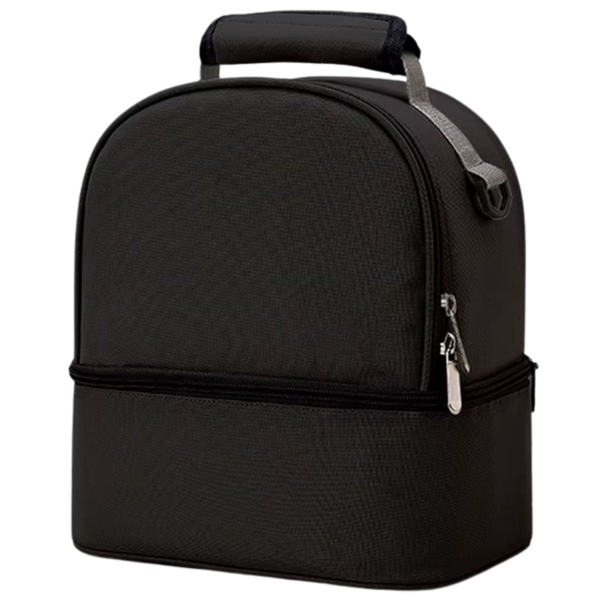 Vue latérale du sac à dos à langer noir montrant la poche latérale et la structure verticale