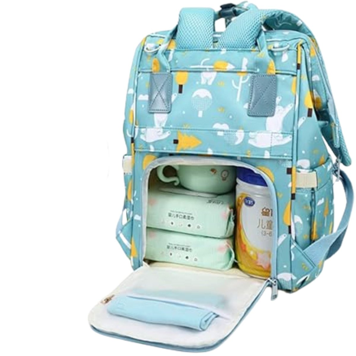 Sac à dos à langer turquoise ouvert, compartiment arrière rempli d’accessoires pour bébé