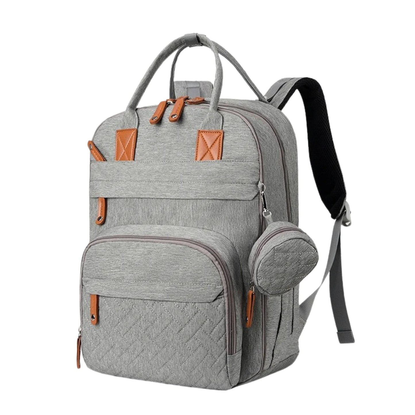 Sac a dos a langer gris avec attaches marron et compartiment isotherme latéral