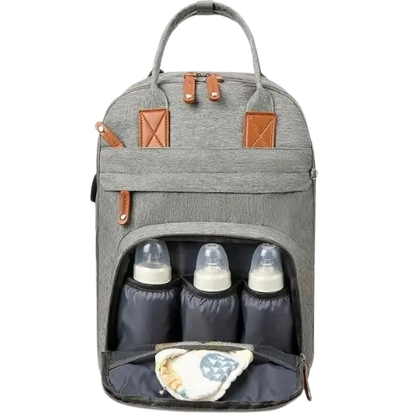 Sac a dos a langer gris avec trois poches isothermes pour biberons à l’avant