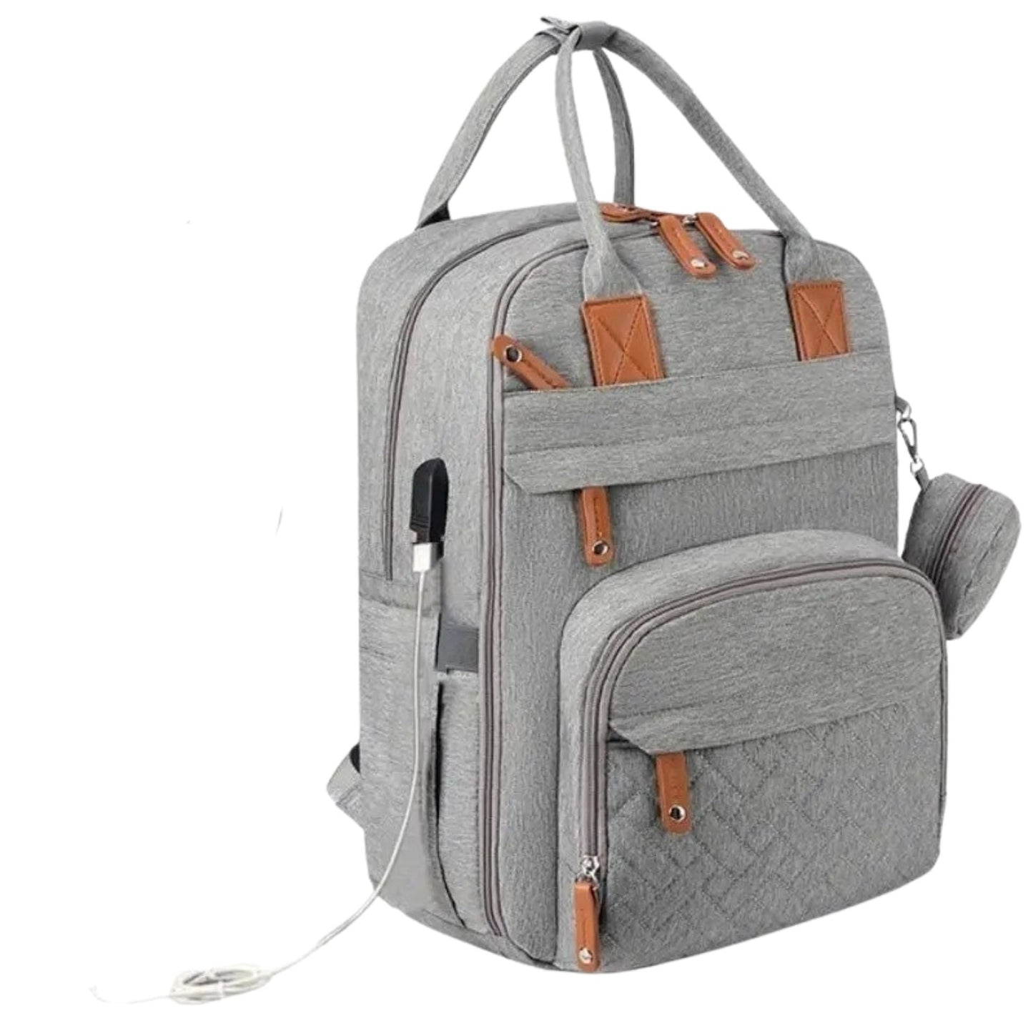 Sac a dos a langer gris avec prise USB intégrée et ouverture latérale pratique