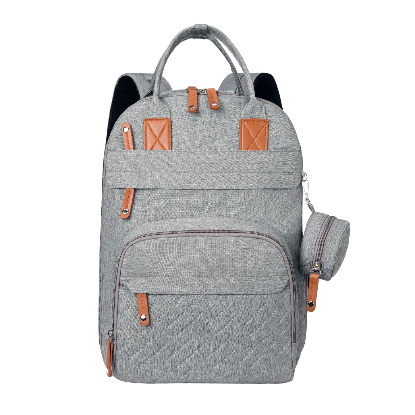 Sac a dos a langer gris avec poche frontale matelassée et poignées renforcées