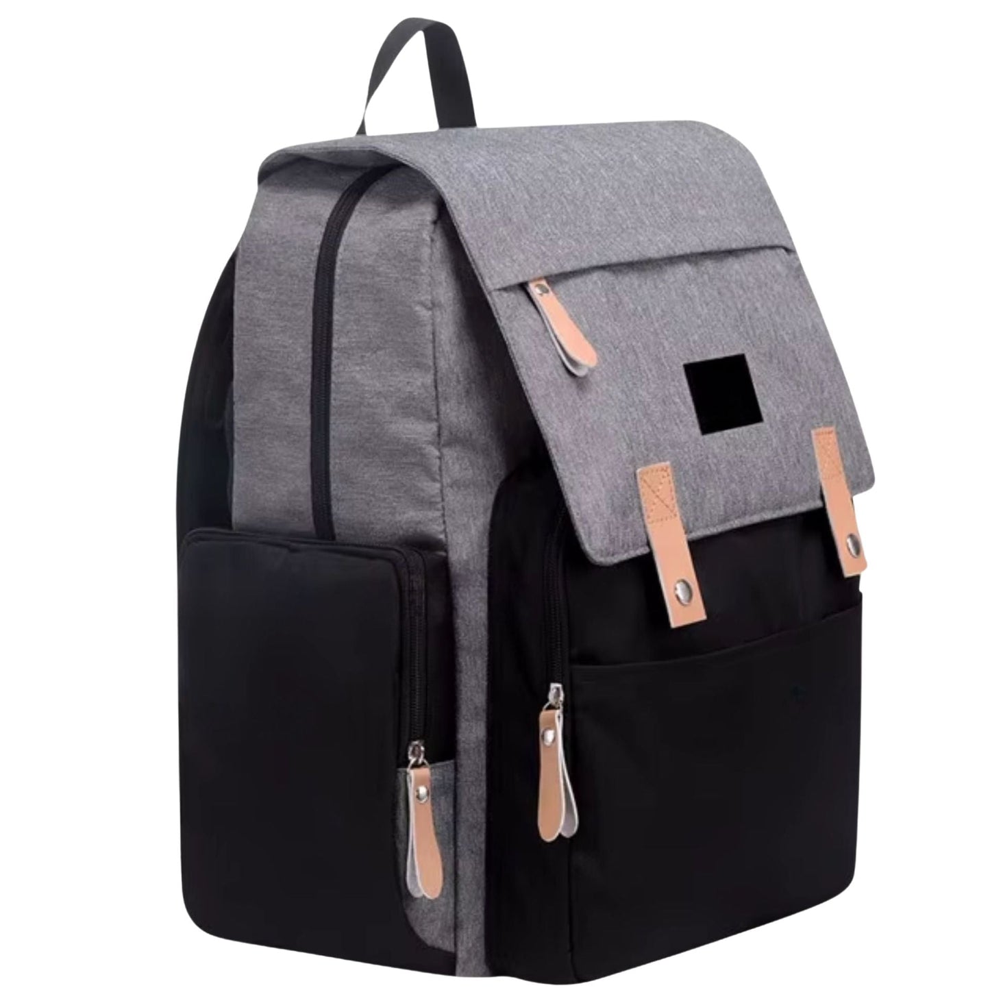 Sac à dos à langer vu de face avec double zip et structure rigide
